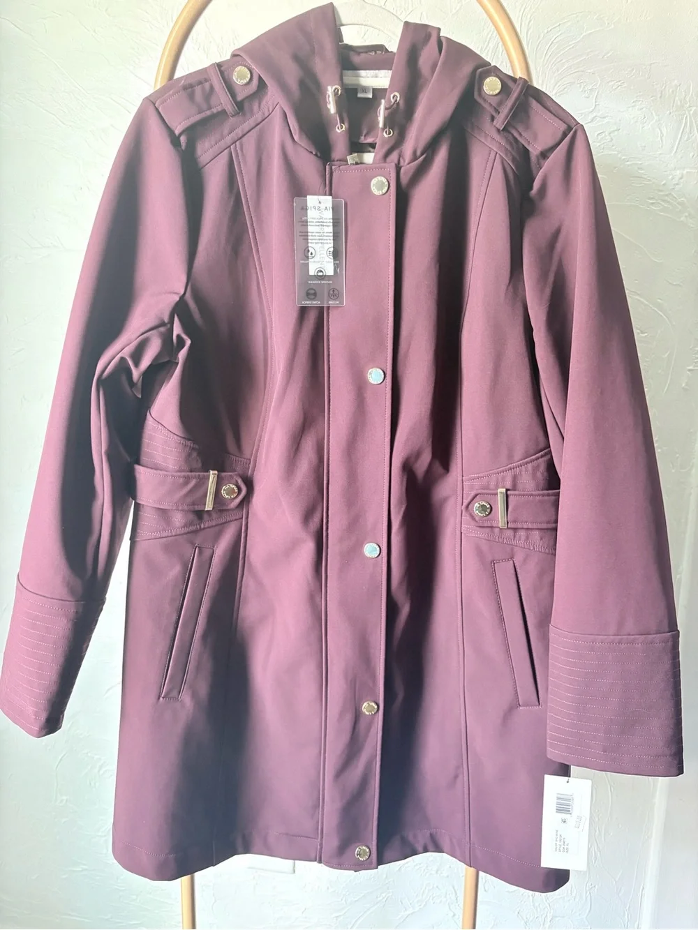 NWT Via Spiga Wine Hooded Softshell Rain Jacket Leopard Lining XL